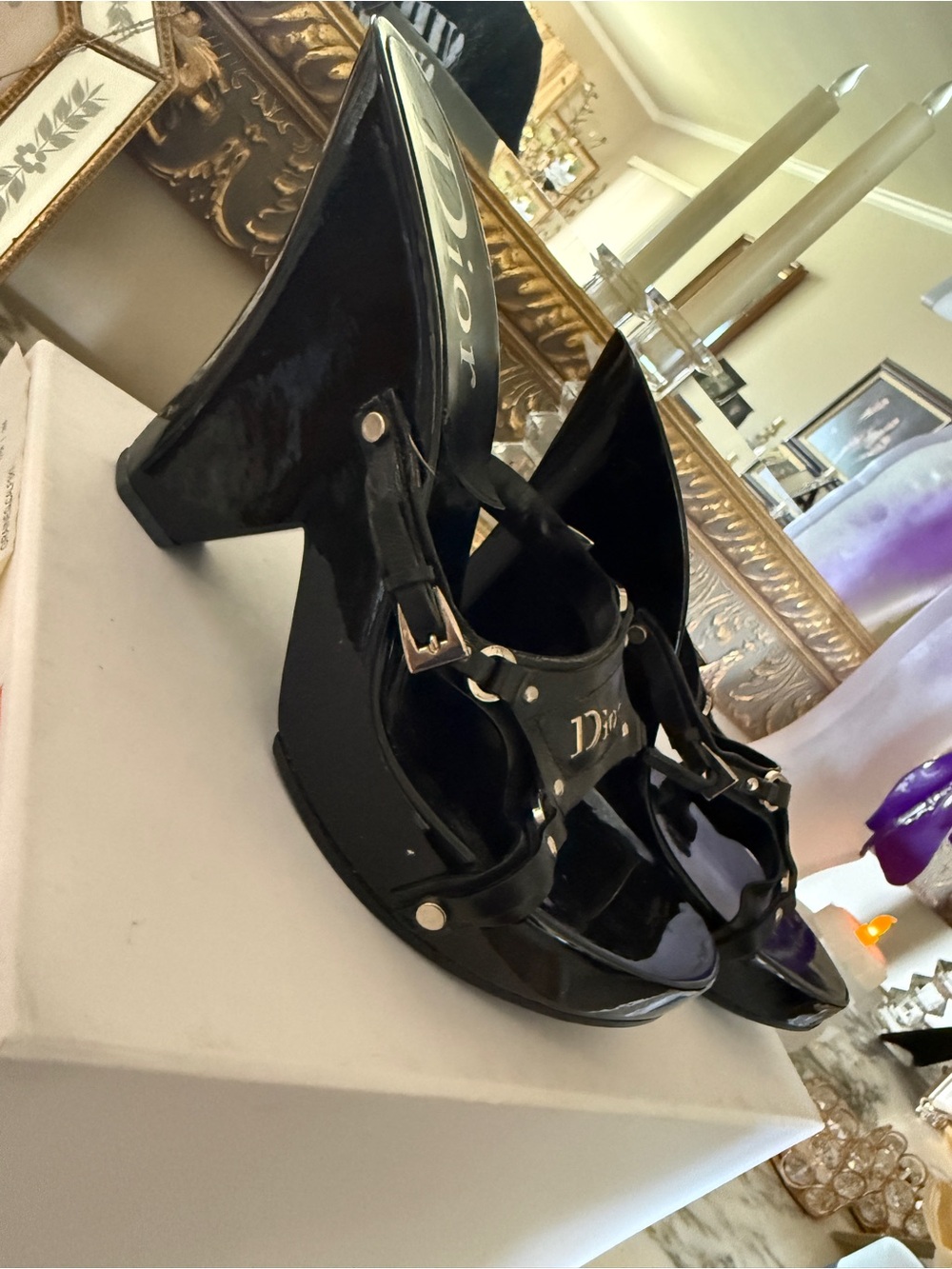 Dior Black Patent Leather Strappy Platform Heels